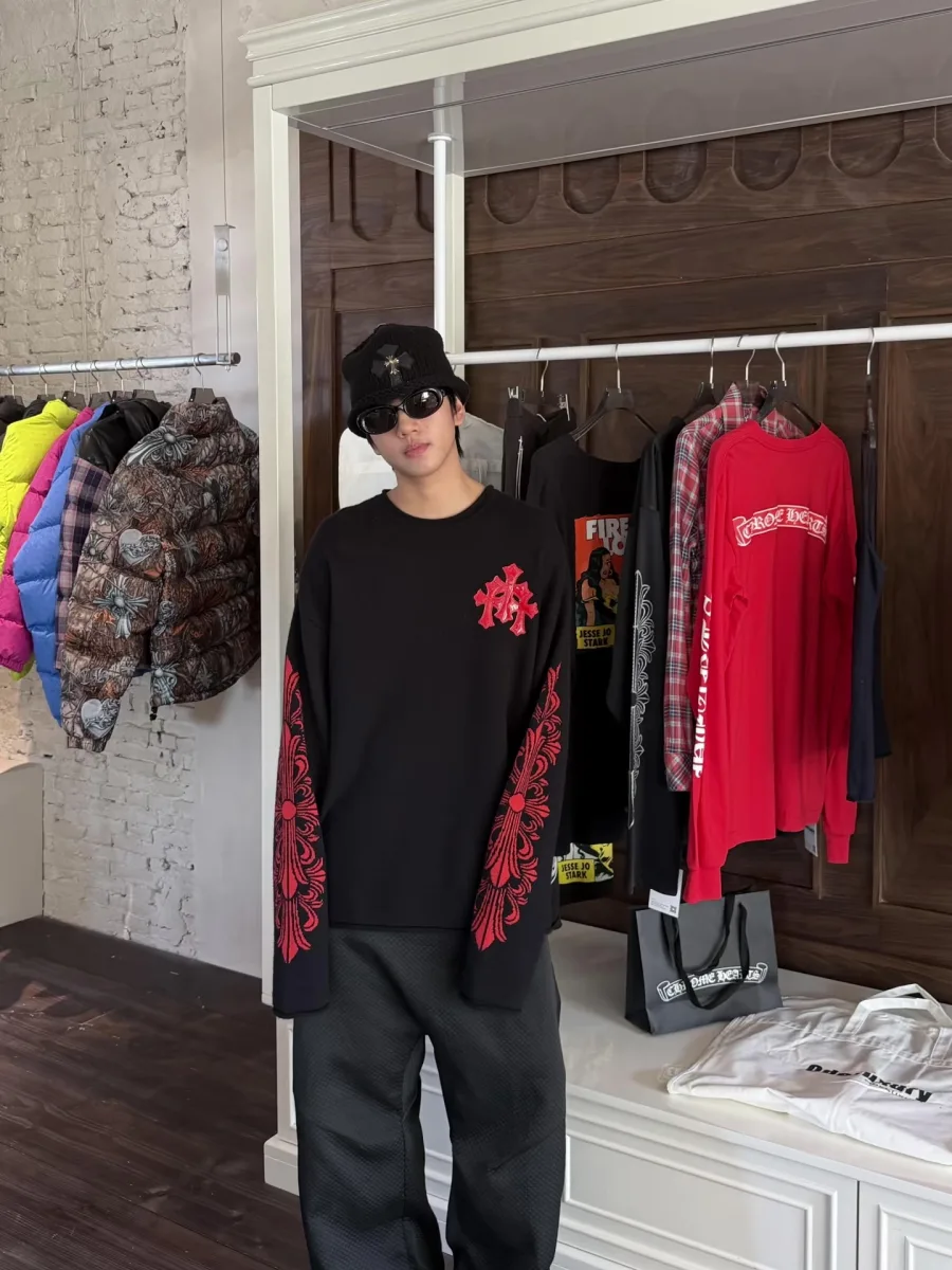 Cross Embroidery Crewneck Sweater - Black, worn, photo 1