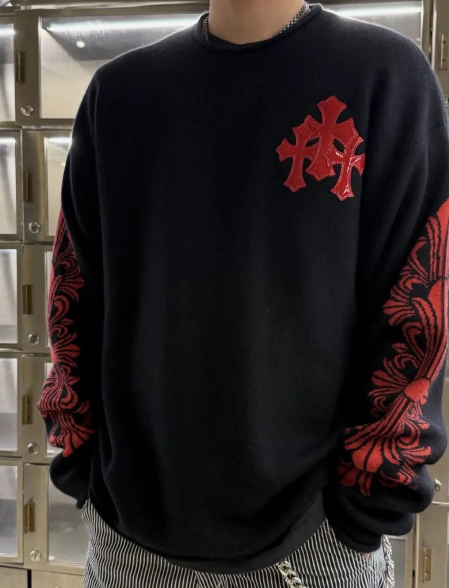 Cross Embroidery Crewneck Sweater - Black, worn, photo 2