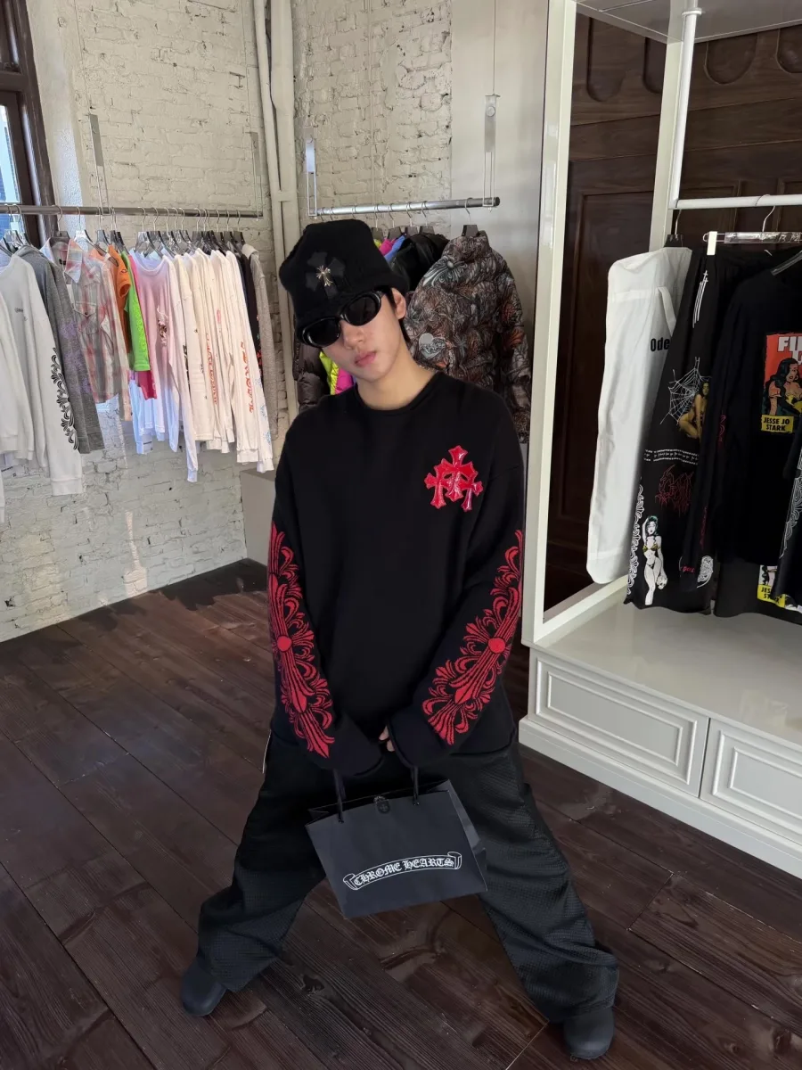 Cross Embroidery Crewneck Sweater - Black, worn, photo 3