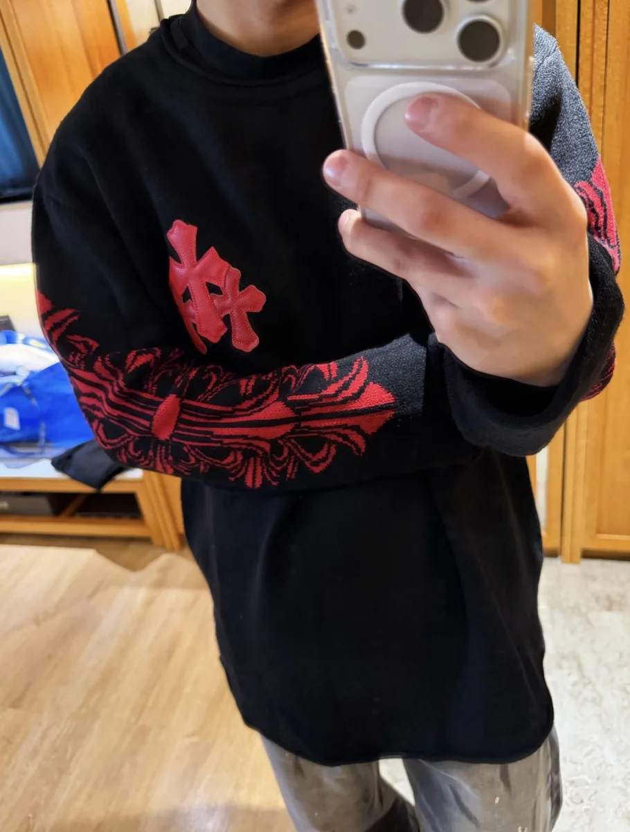 Cross Embroidery Crewneck Sweater - Black, worn, photo 4