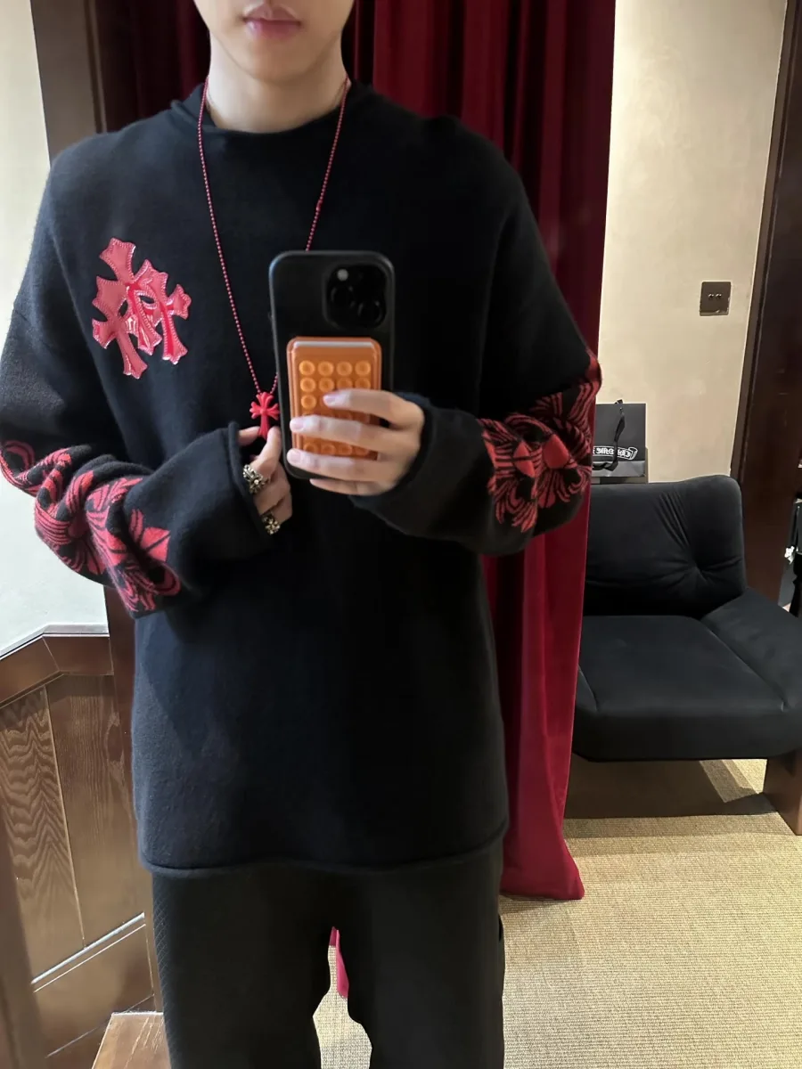 Cross Embroidery Crewneck Sweater - Black, worn, photo 8