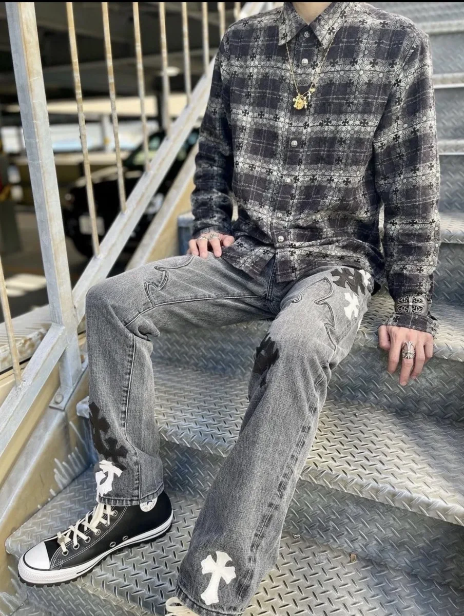 Flannel Shirt with Cross Pattern - Black, worn, photo 3