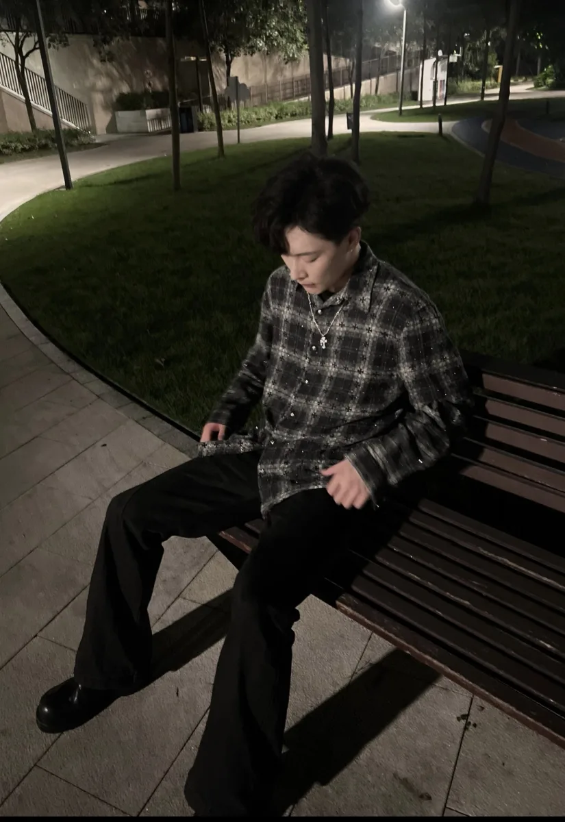Flannel Shirt with Cross Pattern - Black, worn, photo 4