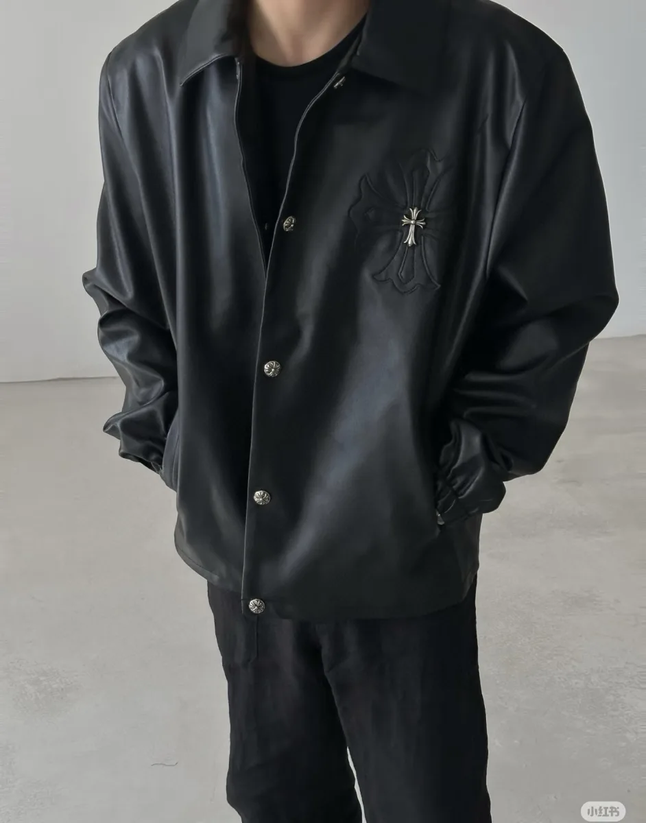 Leather Jacket with Cross Embroidery - Black, worn, photo 1