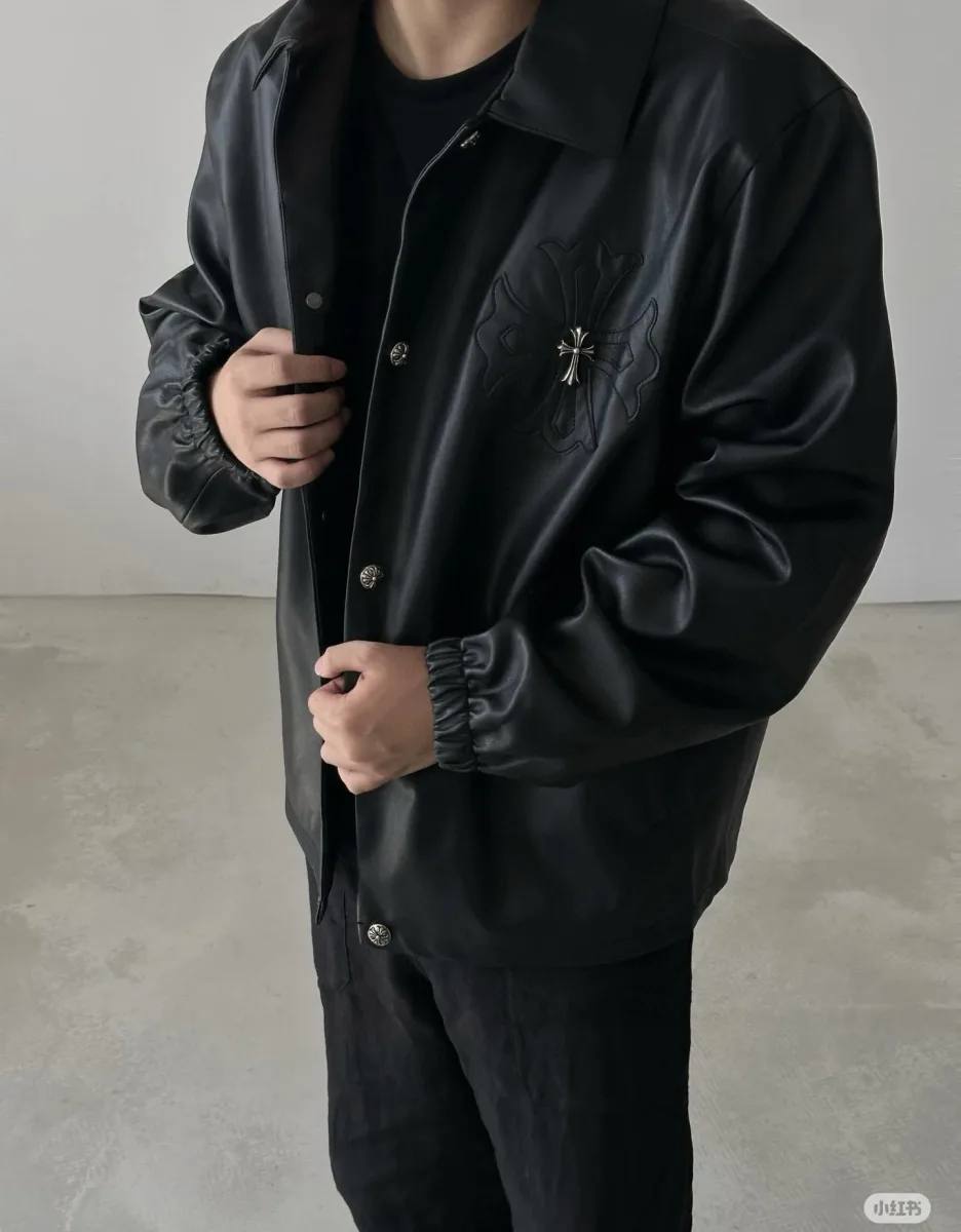 Leather Jacket with Cross Embroidery - Black, worn, photo 3