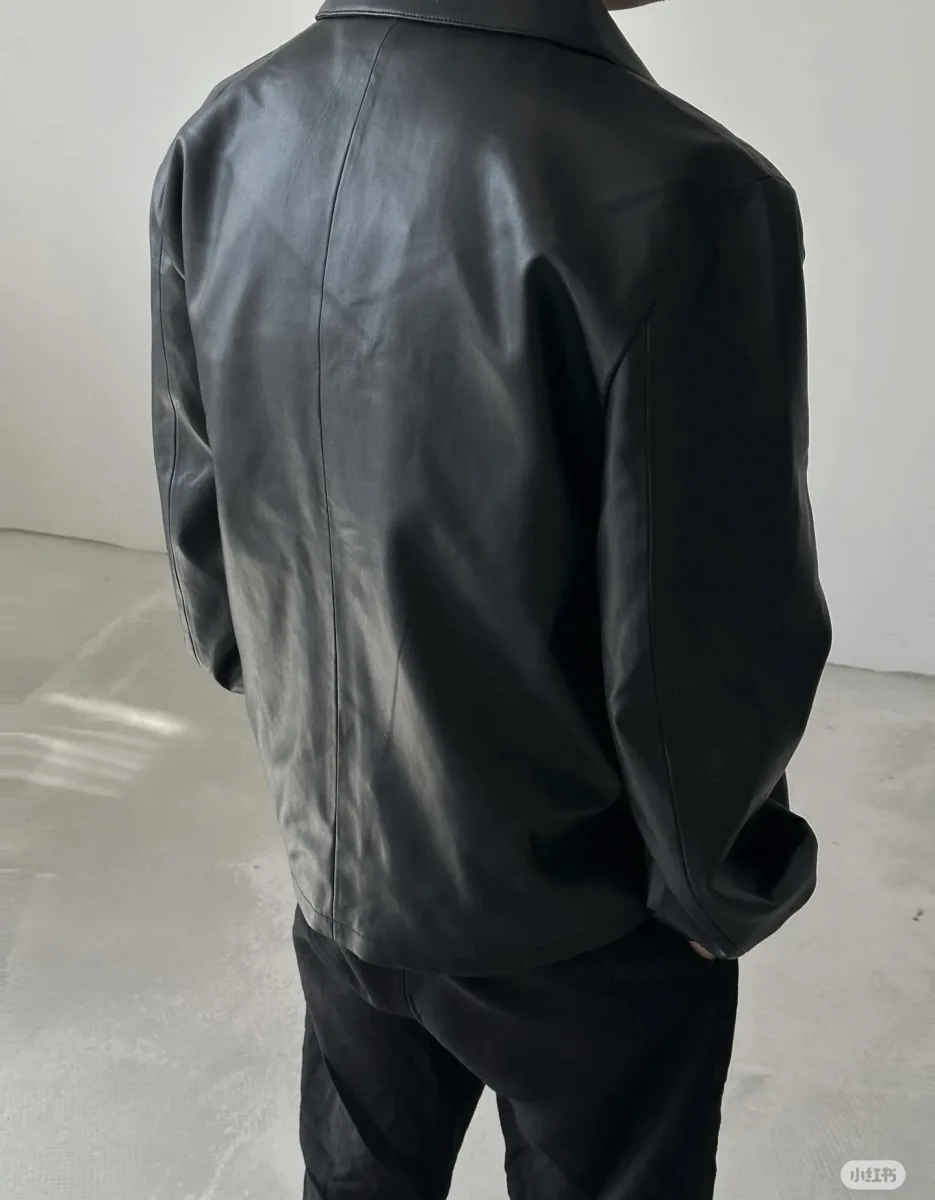 Leather Jacket with Cross Embroidery - Black, worn, photo 4
