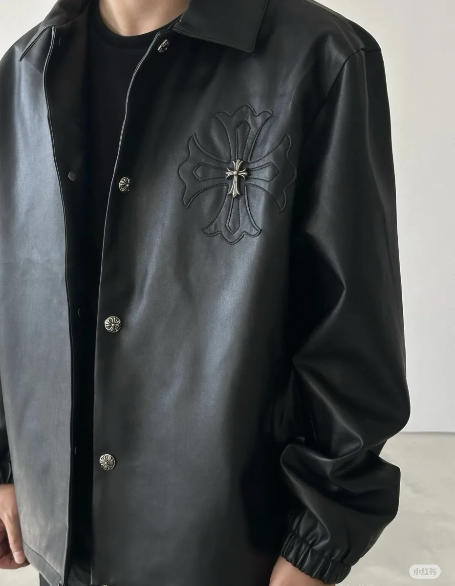 Leather Jacket with Cross Embroidery - Black, worn, photo 5