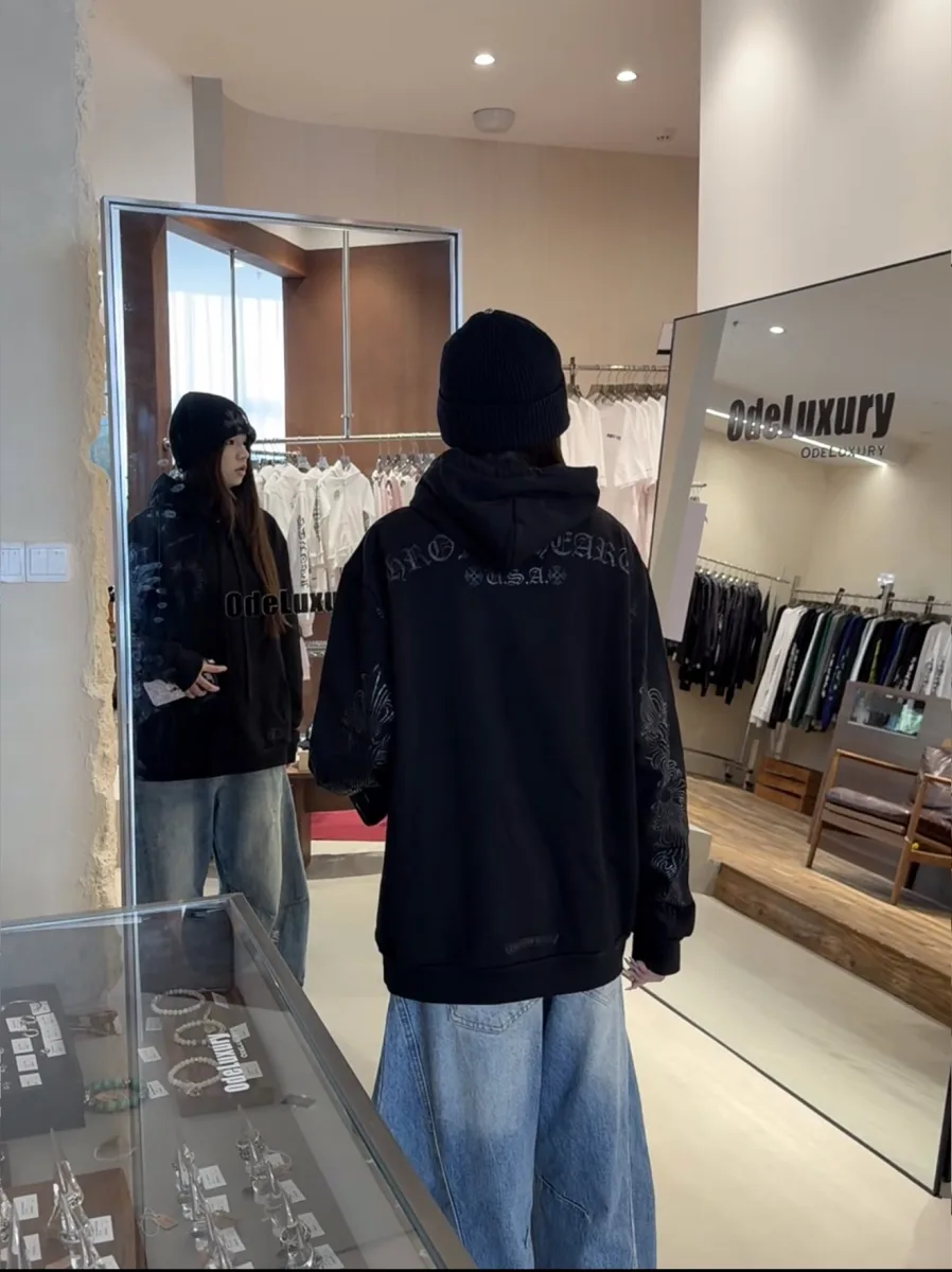 Gothic Hoodie Sweatshirt - Black, worn, photo 3