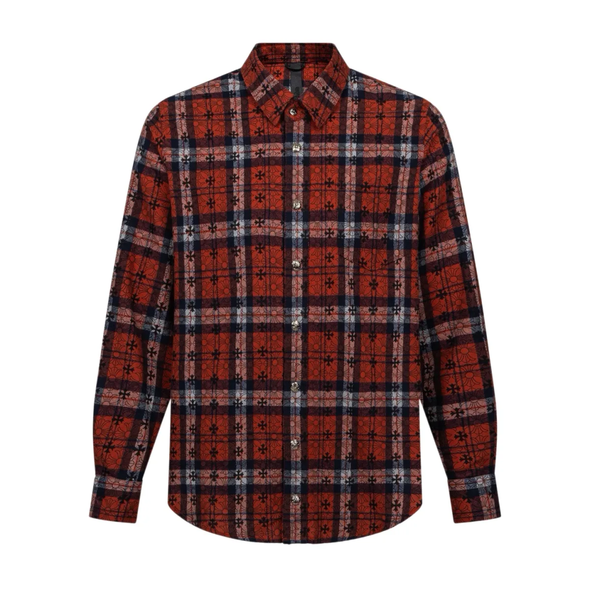 Plaid Flannel Shirt with Cross Pattern - Red