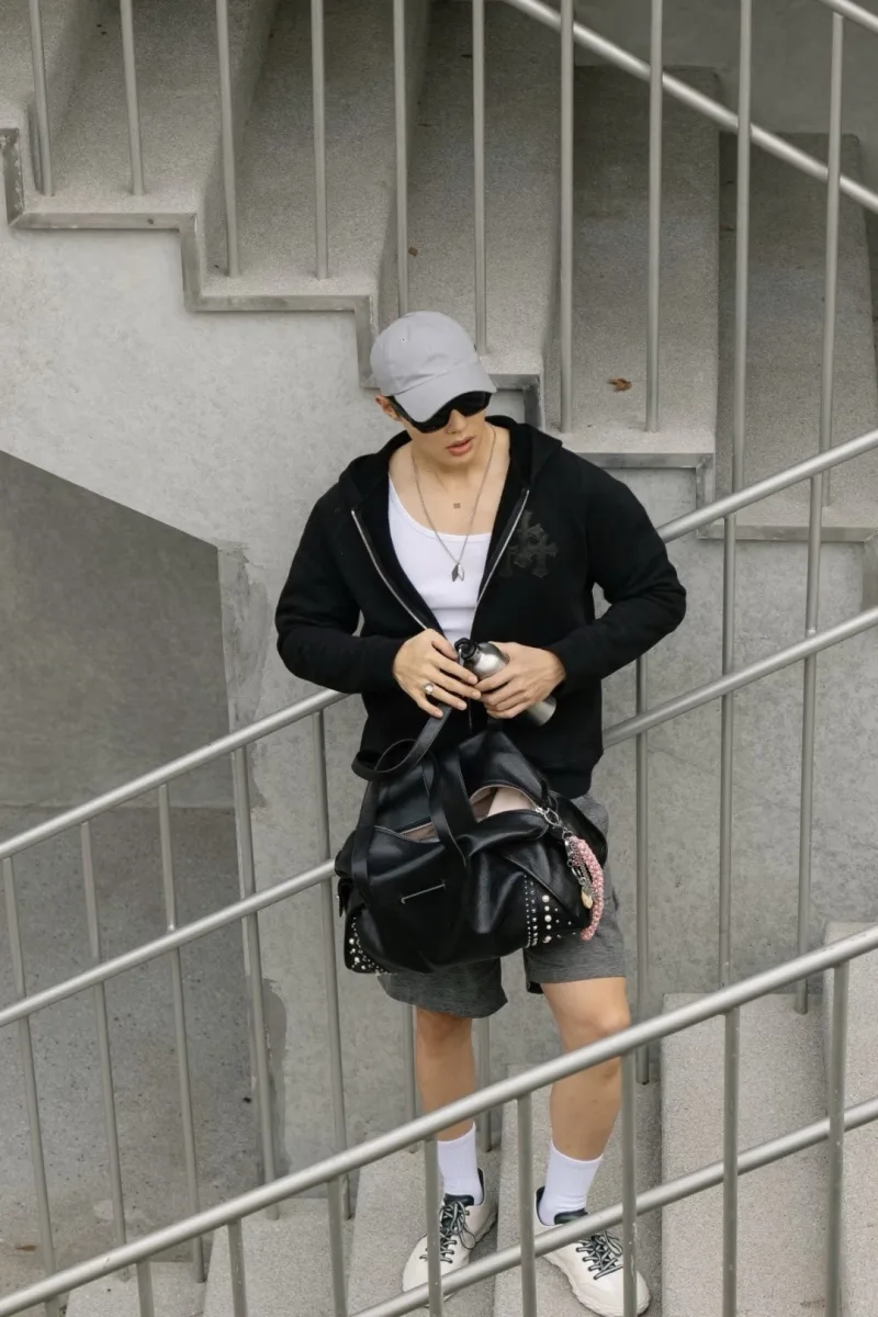 Zip-Up Hoodie with Embroidered Cross - Black, worn, photo 4