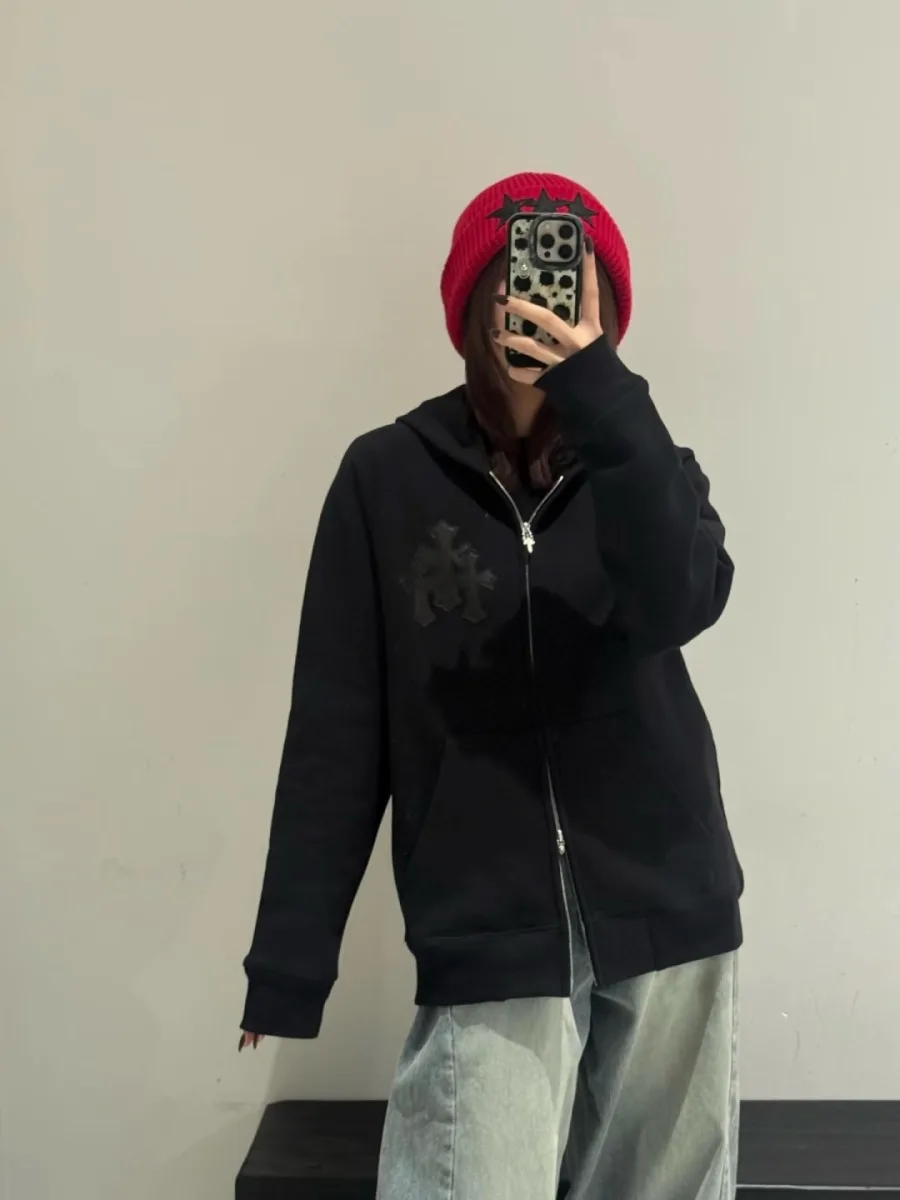 Zip-Up Hoodie with Embroidered Cross - Black, worn, photo 5