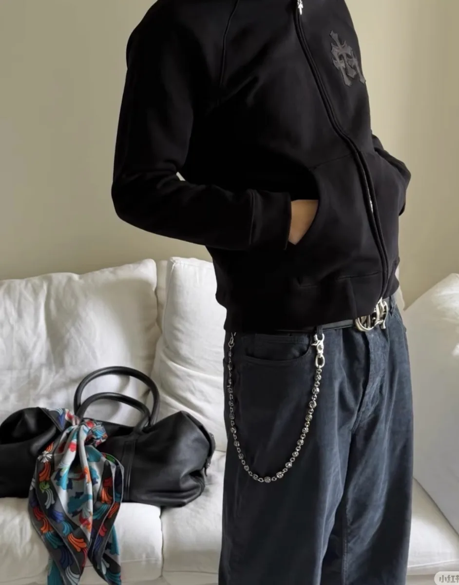 Zip-Up Hoodie with Embroidered Cross - Black, worn, photo 6