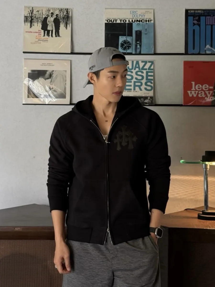 Zip-Up Hoodie with Embroidered Cross - Black, worn, photo 9