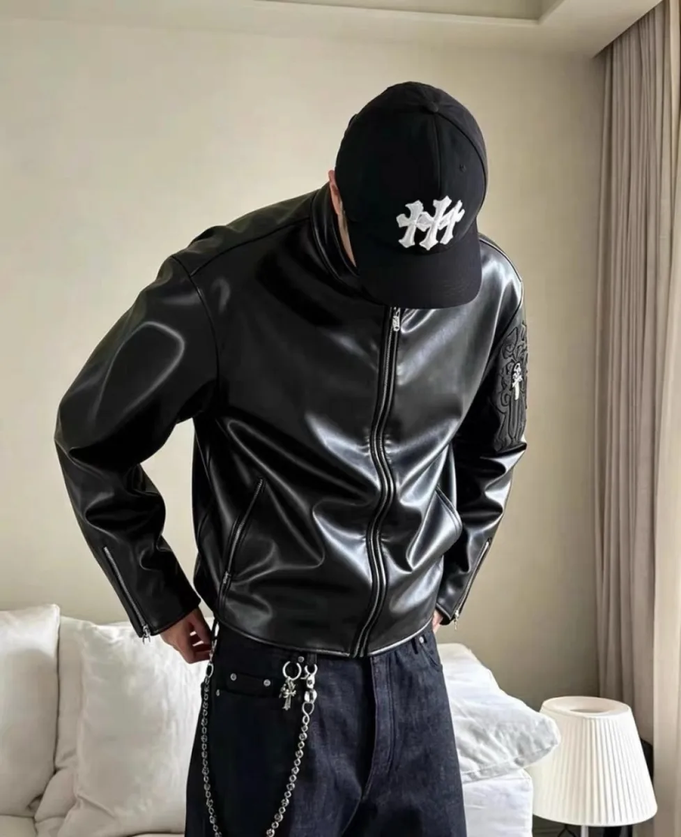 Leather Jacket with Sword Embroidery - Black, worn, photo 1