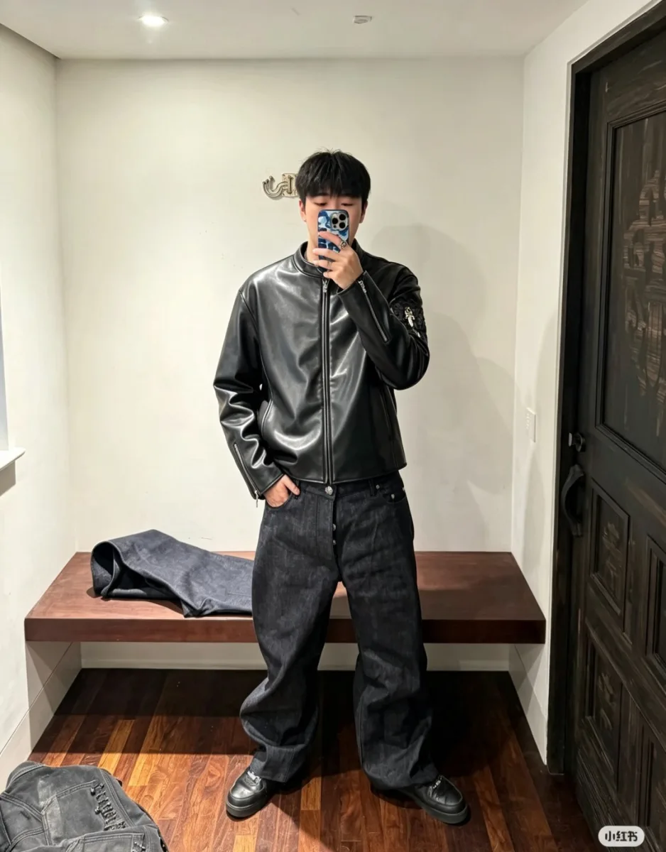 Leather Jacket with Sword Embroidery - Black, worn, photo 2