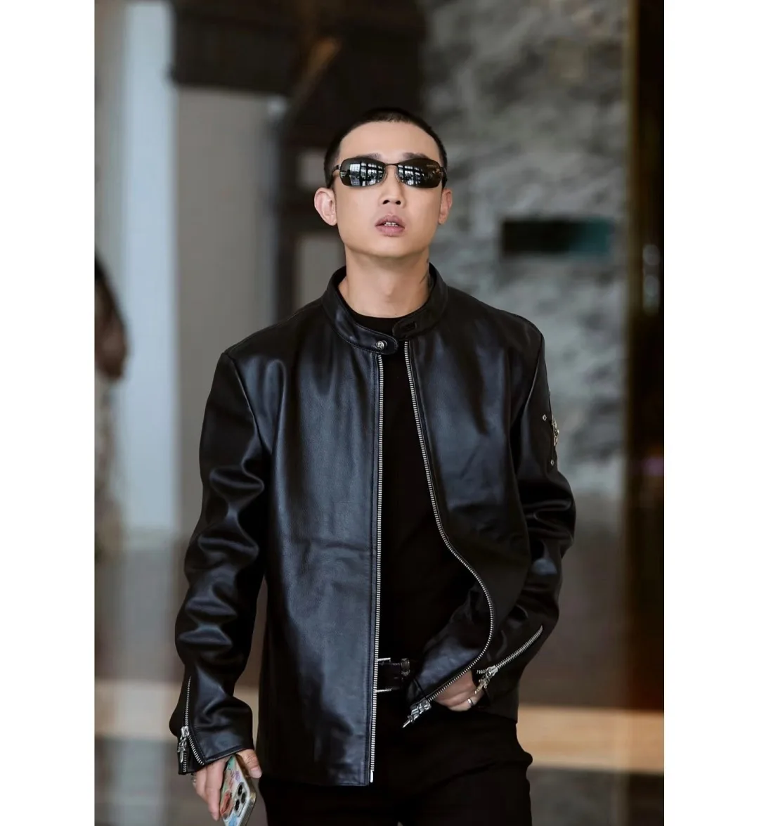 Leather Jacket with Sword Embroidery - Black, worn, photo 4