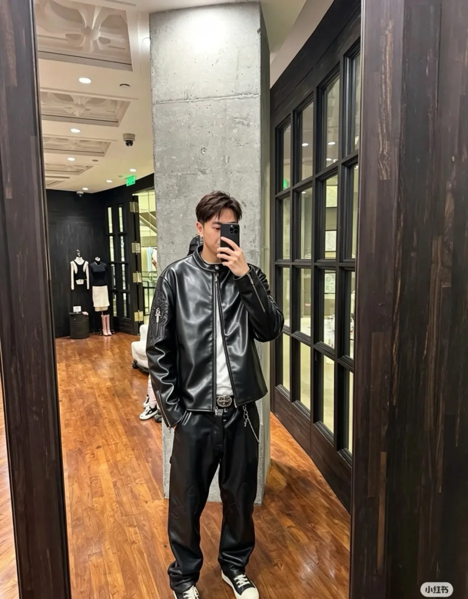 Leather Jacket with Sword Embroidery - Black, worn, photo 5