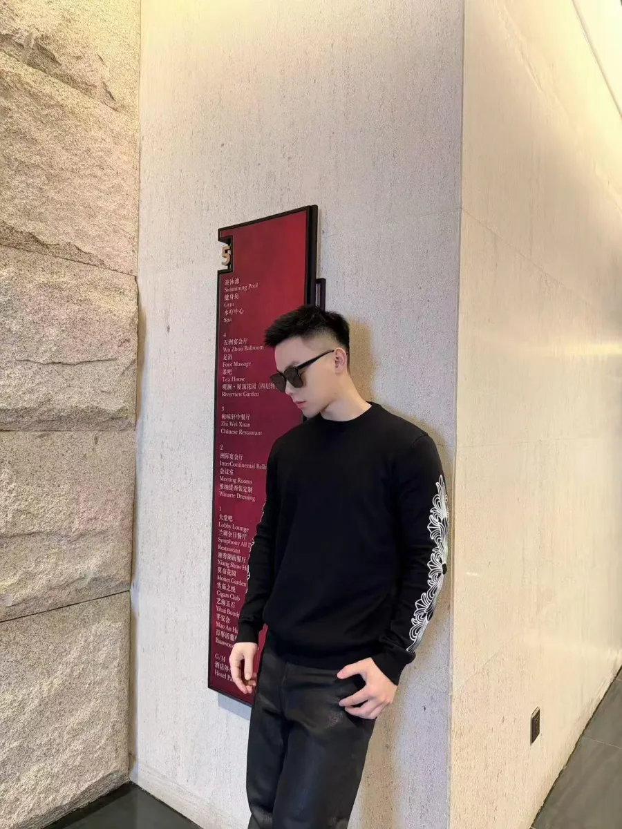 Embroidered Logo Knit Sweatshirt - Black, worn, photo 5