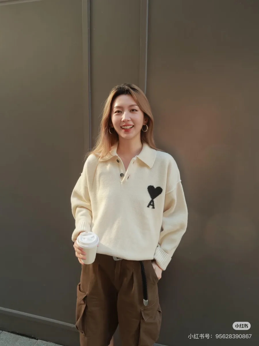 Heart A Logo Polo Knit Sweater - Cream, worn, photo 2