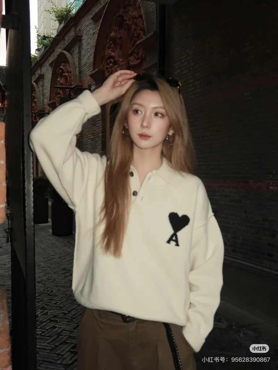 Heart A Logo Polo Knit Sweater - Cream, worn, photo 3