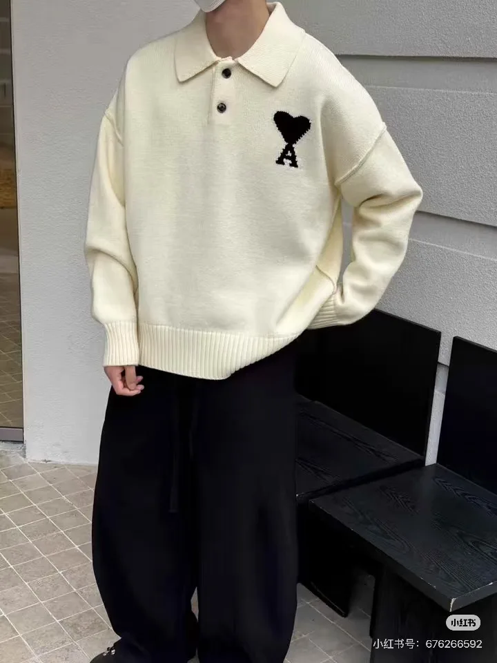 Heart A Logo Polo Knit Sweater - Cream, worn, photo 4