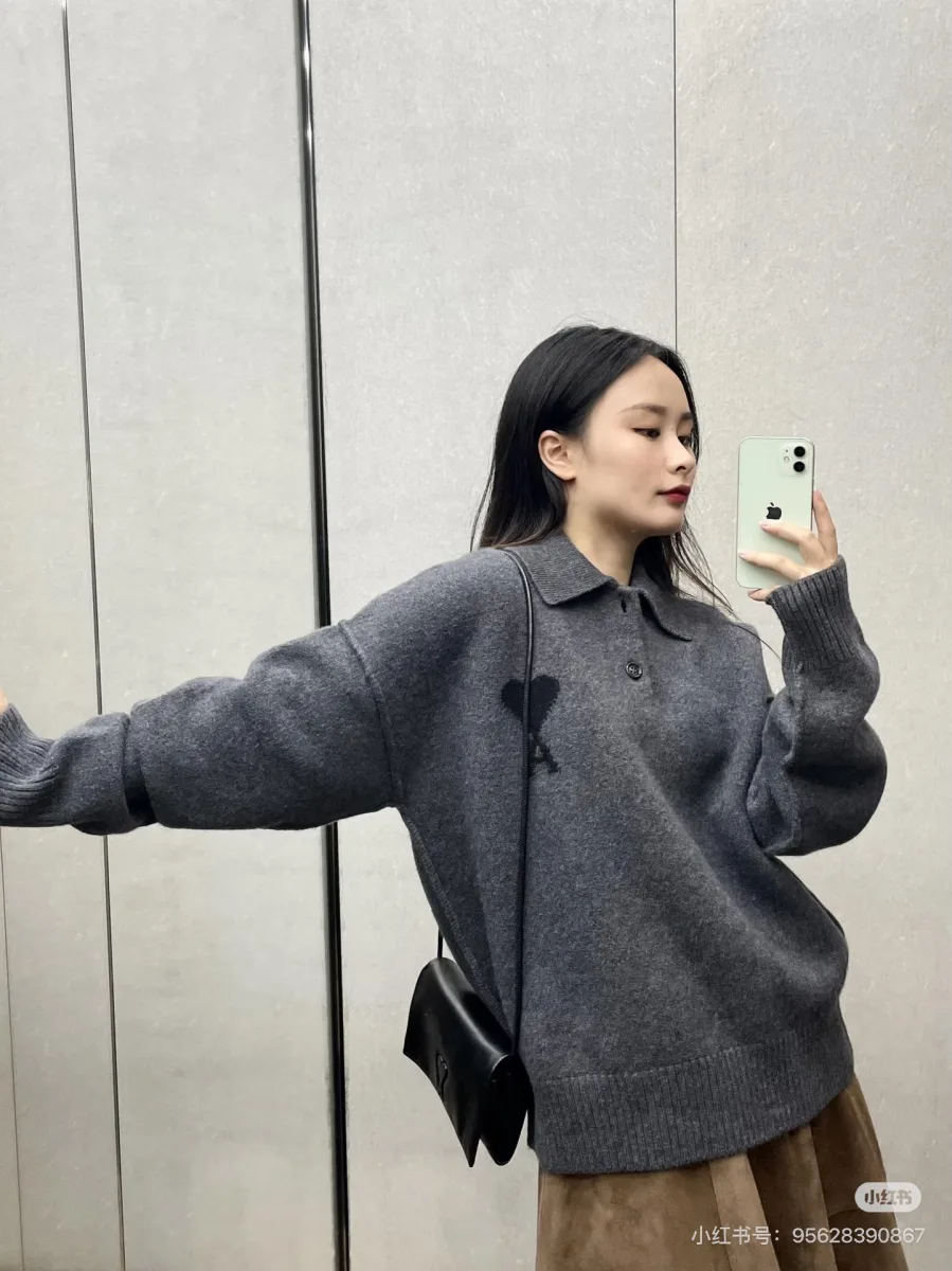 Heart A Logo Polo Knit Sweater - Charcoal Grey, worn, photo 3