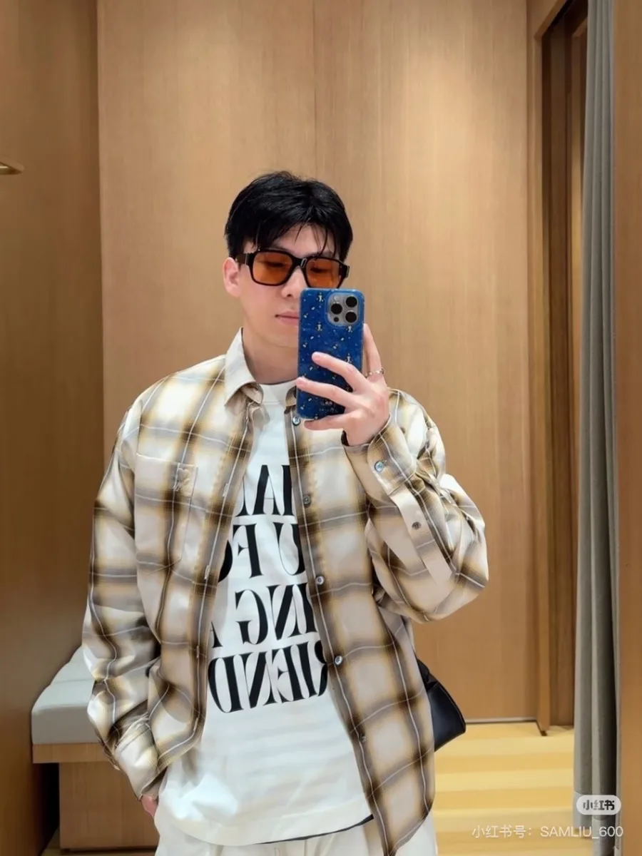 Pocket Embroidery Check Shirt - Beige, worn, photo 1