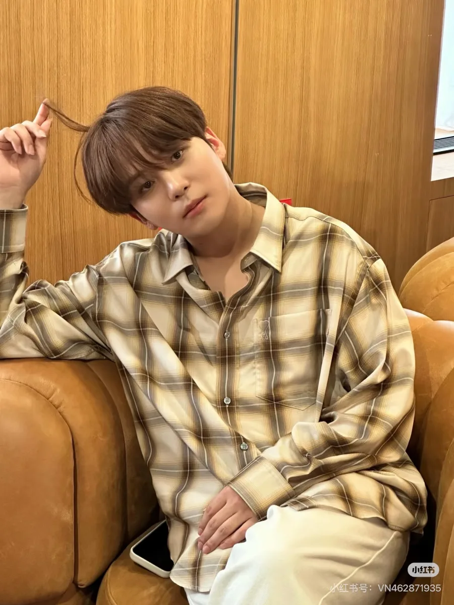Pocket Embroidery Check Shirt - Beige, worn, photo 3