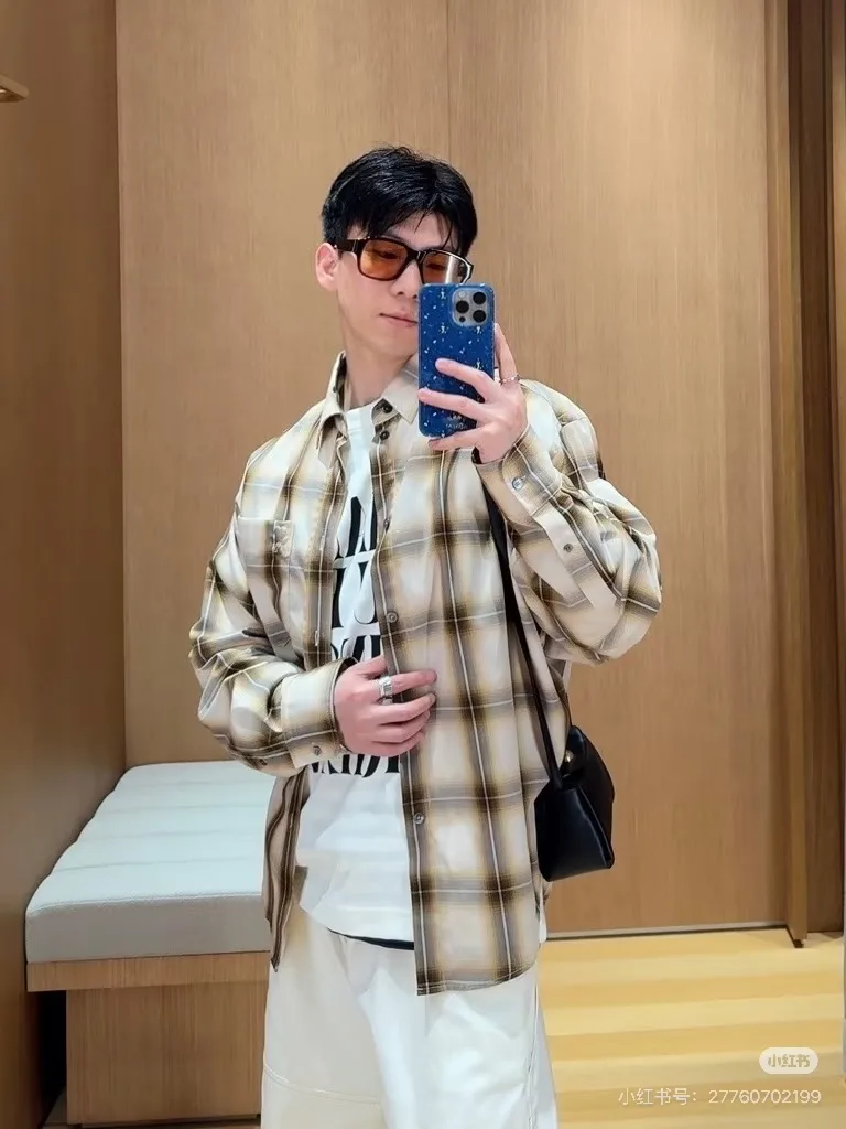 Pocket Embroidery Check Shirt - Beige, worn, photo 5