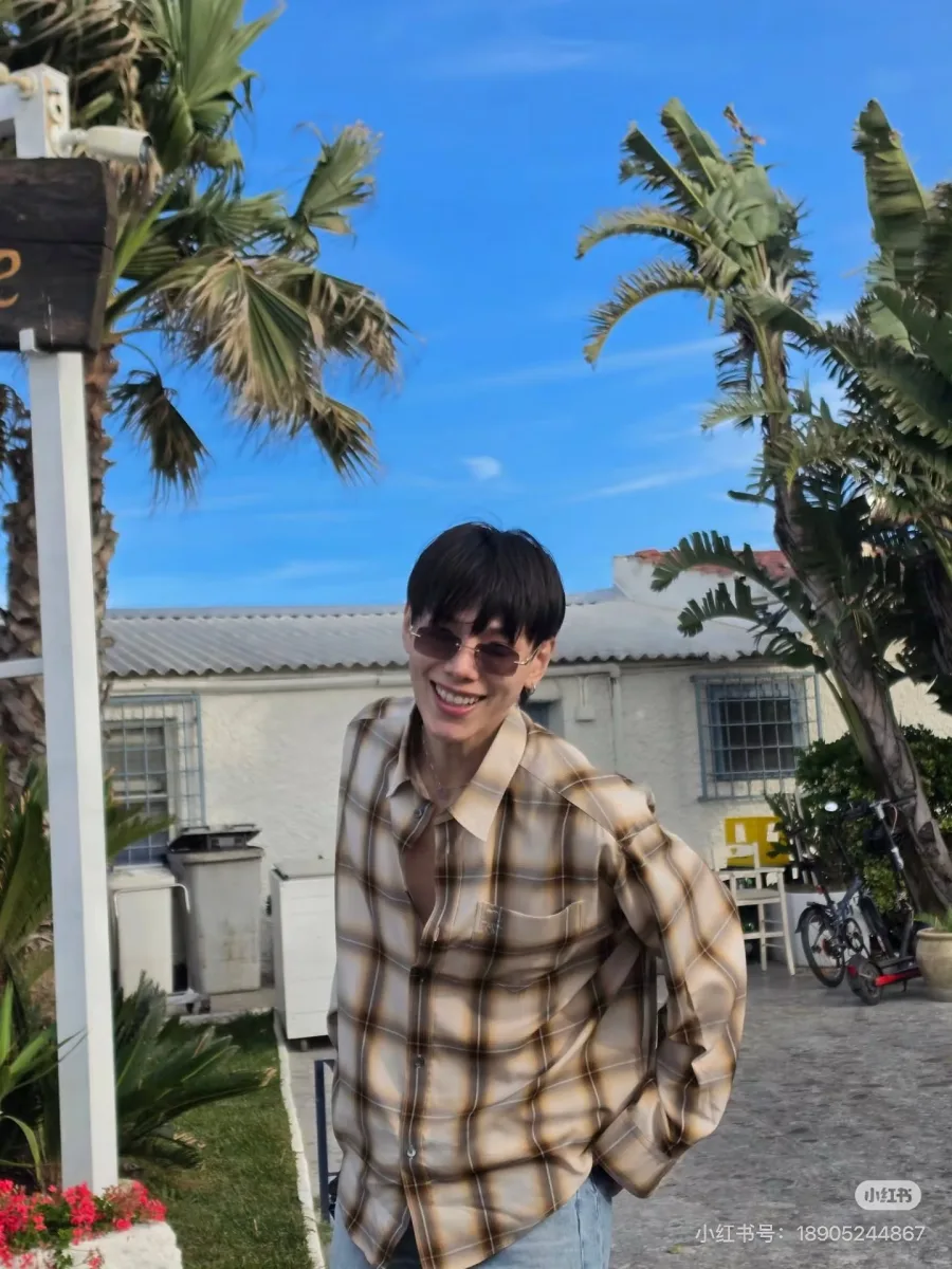 Pocket Embroidery Check Shirt - Beige, worn, photo 7