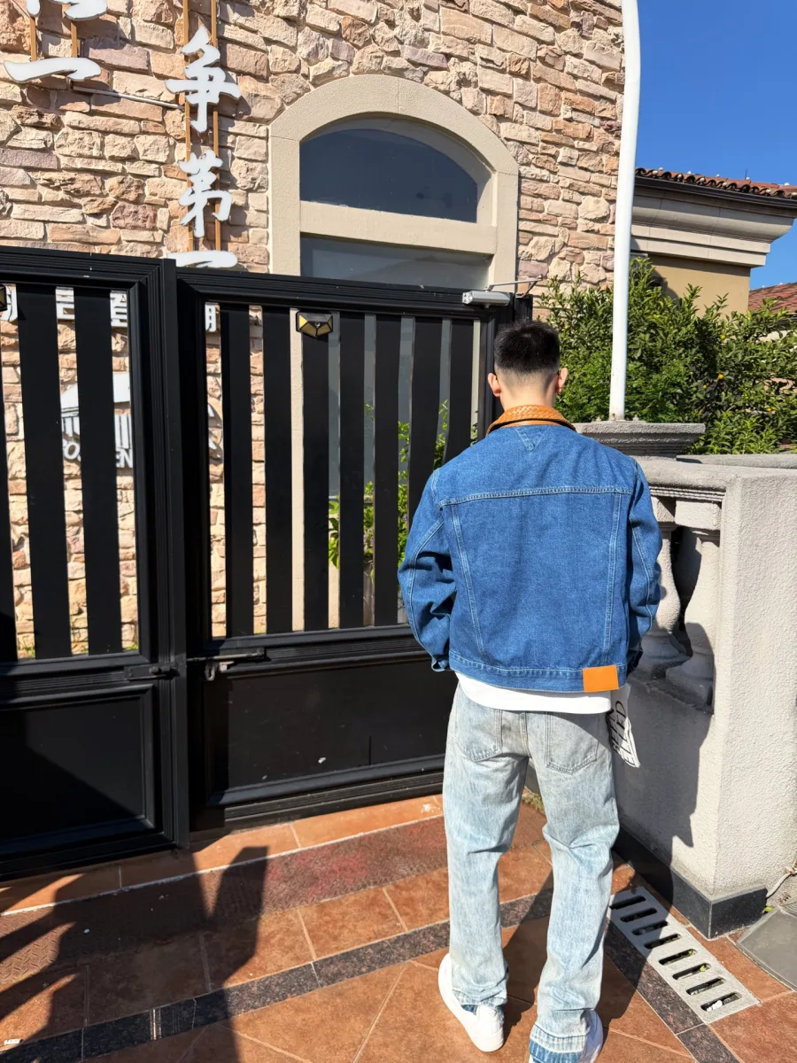 Woven Leather Denim Jacket - Medium Blue, worn, photo 2