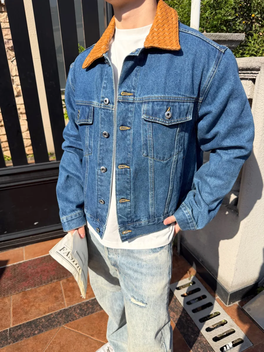 Woven Leather Denim Jacket - Medium Blue, worn, photo 3