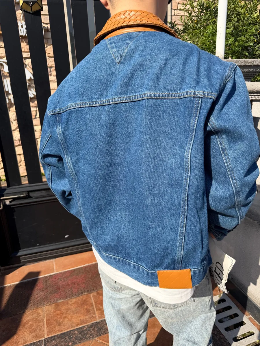 Woven Leather Denim Jacket - Medium Blue, worn, photo 4