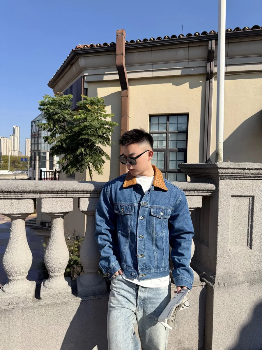 Woven Leather Denim Jacket - Medium Blue, worn, photo 5