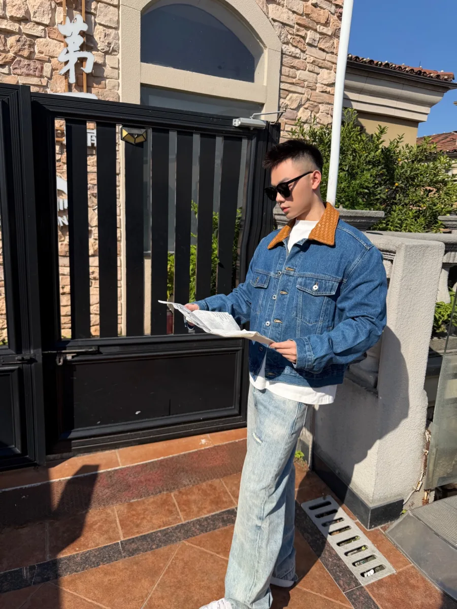 Woven Leather Denim Jacket - Medium Blue, worn, photo 7