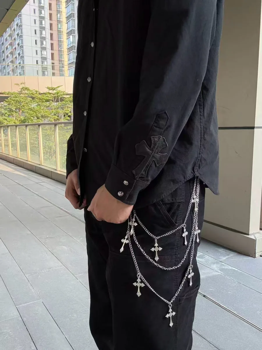 Vintage Flame Leather Patchwork Utility Shirt - Black, worn, photo 1