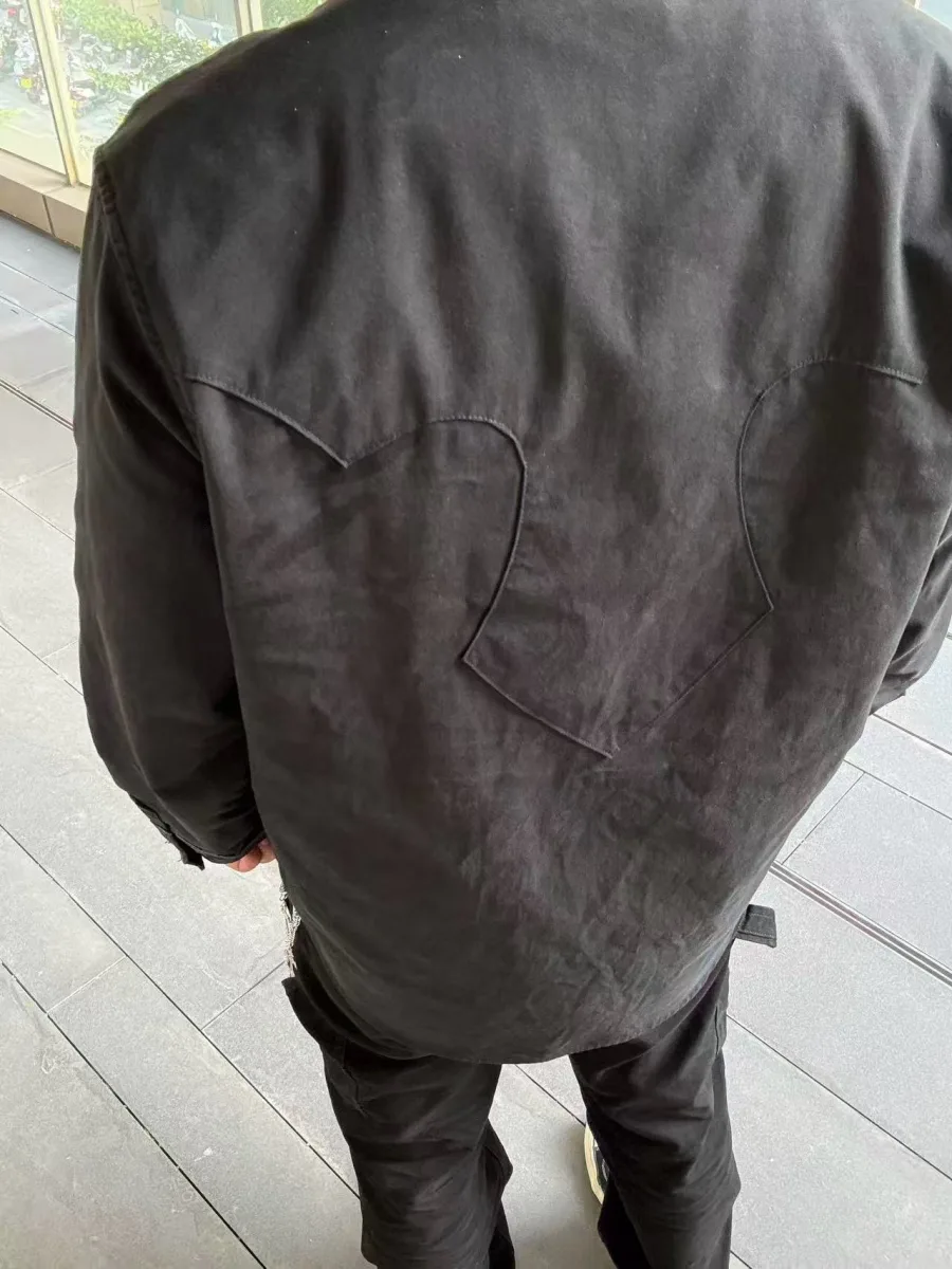 Vintage Flame Leather Patchwork Utility Shirt - Black, worn, photo 6