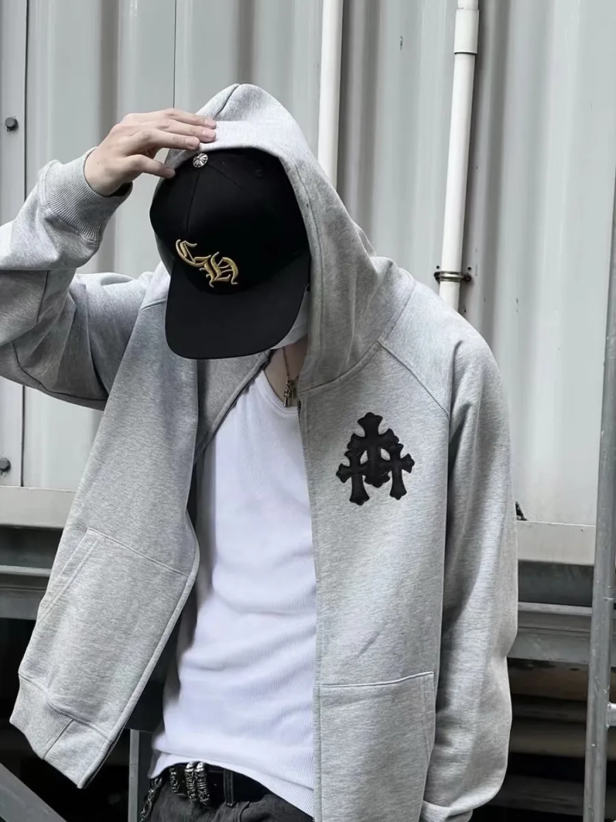 Zip-Up Hoodie with Embroidered Cross - Grey, worn, photo 1
