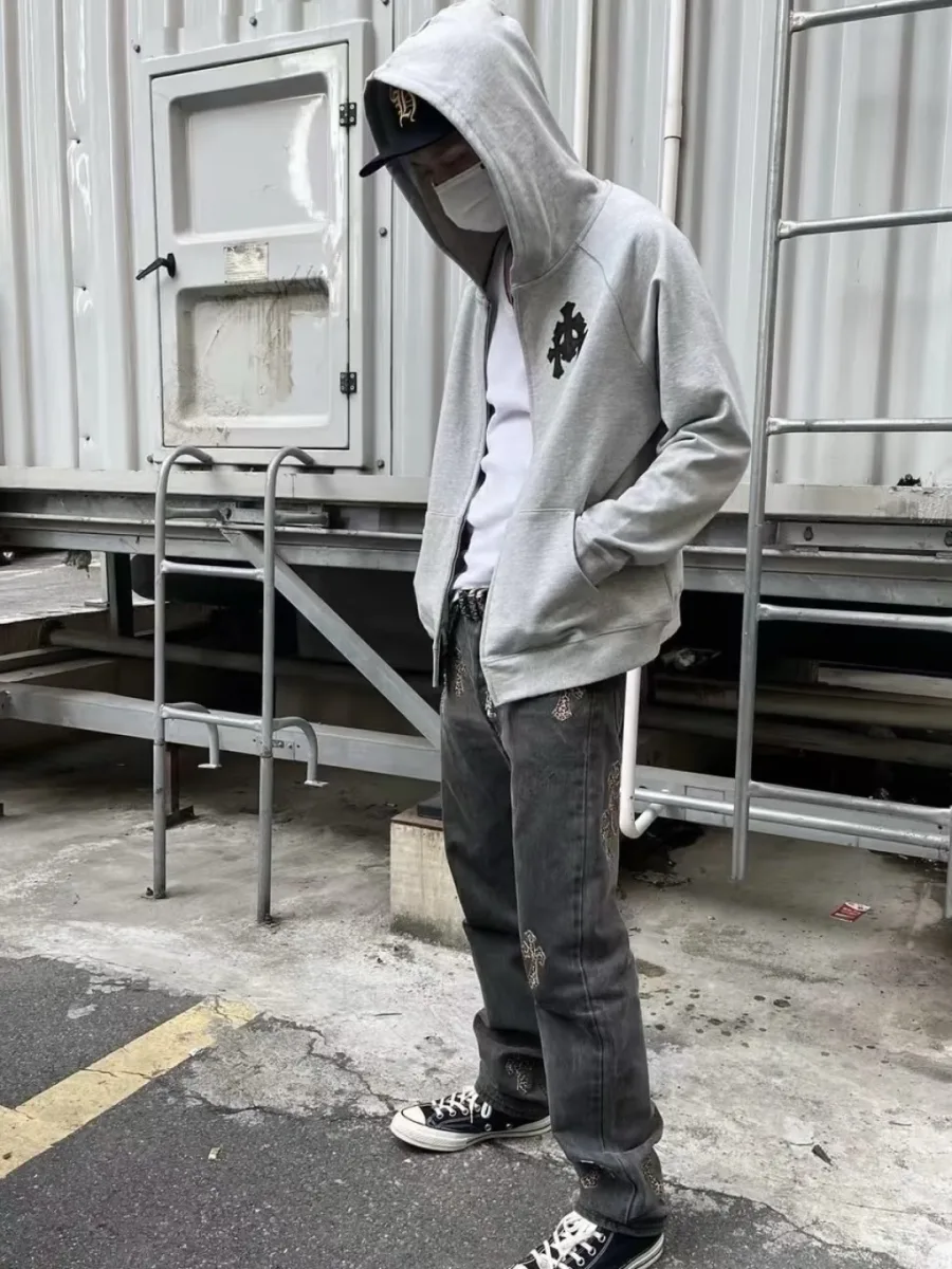 Zip-Up Hoodie with Embroidered Cross - Grey, worn, photo 2