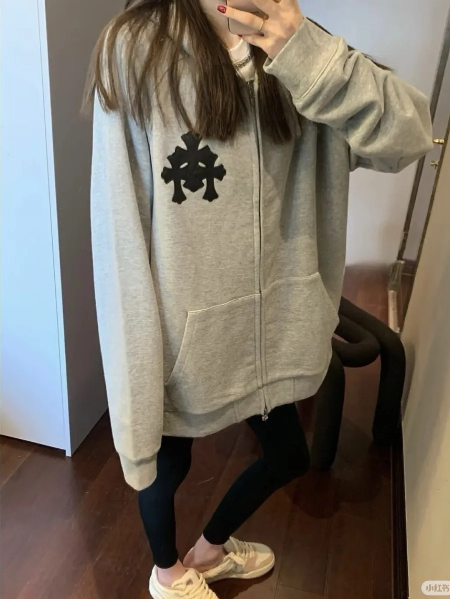 Zip-Up Hoodie with Embroidered Cross - Grey, worn, photo 3