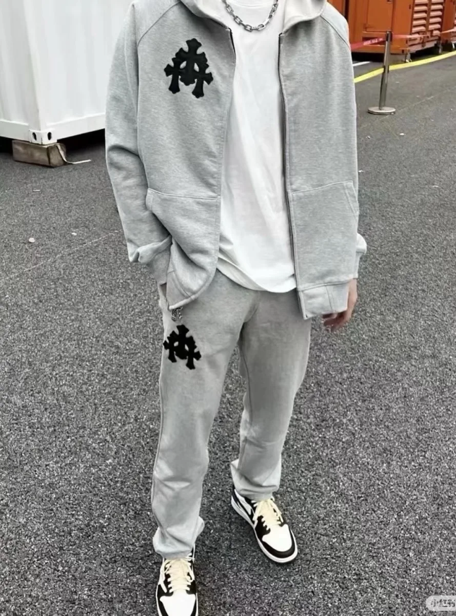 Zip-Up Hoodie with Embroidered Cross - Grey, worn, photo 4
