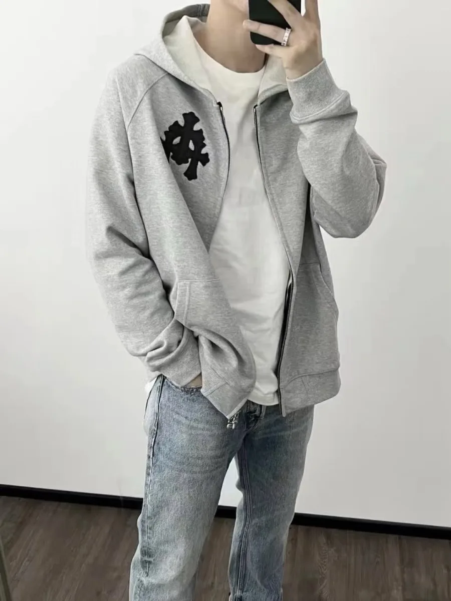 Zip-Up Hoodie with Embroidered Cross - Grey, worn, photo 6