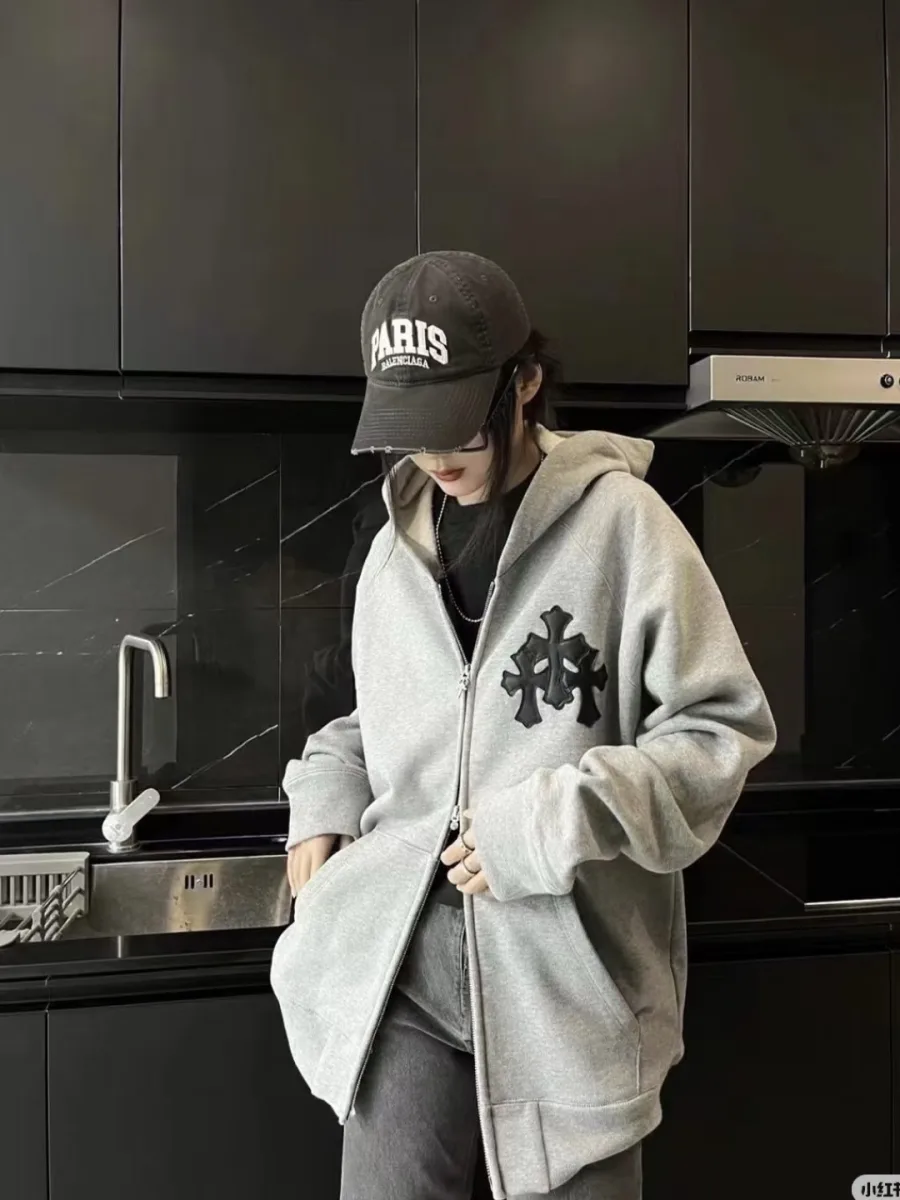 Zip-Up Hoodie with Embroidered Cross - Grey, worn, photo 8