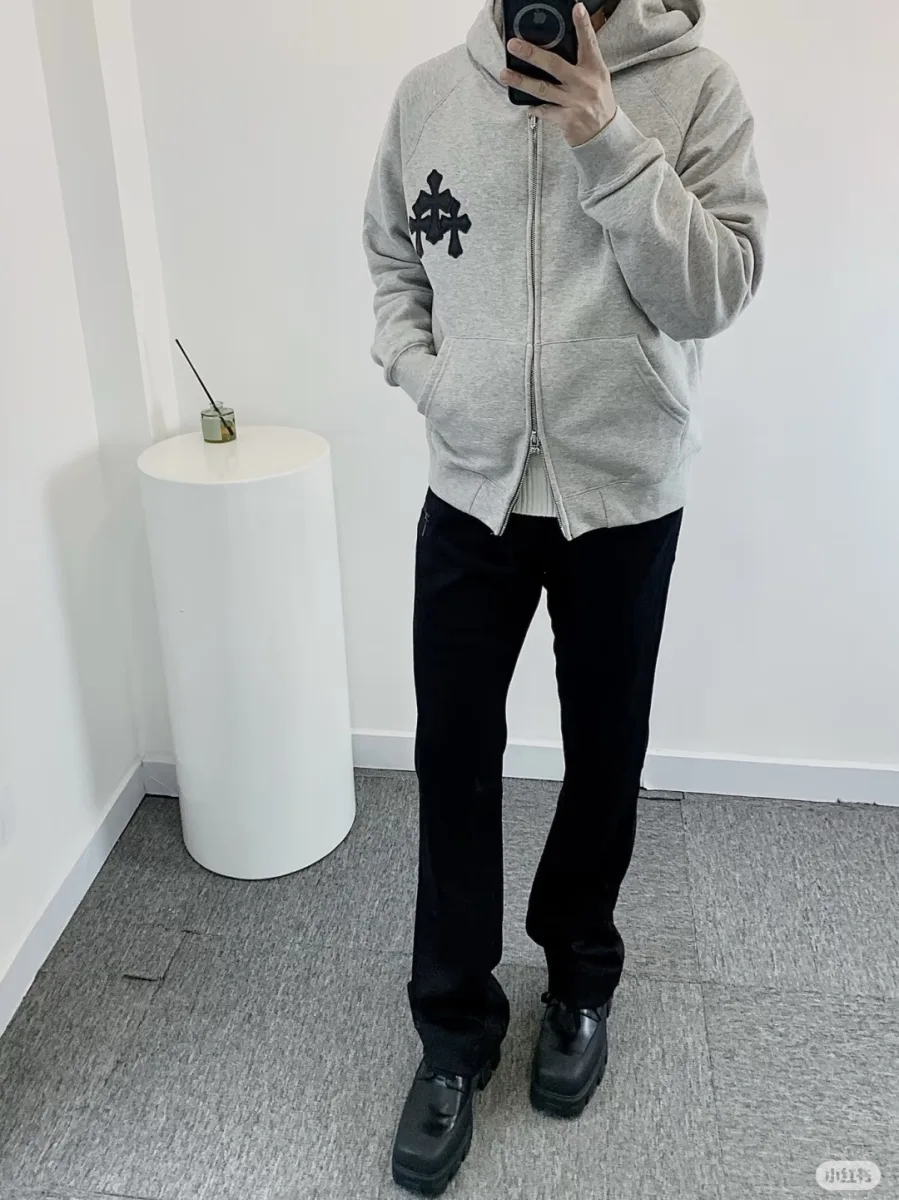 Zip-Up Hoodie with Embroidered Cross - Grey, worn, photo 9
