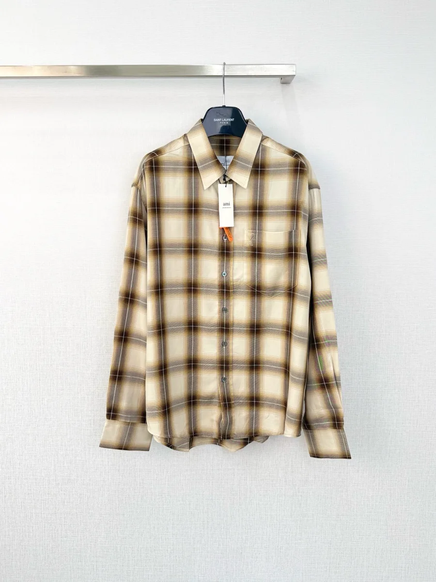 Pocket Embroidery Check Shirt - Beige, photo 2