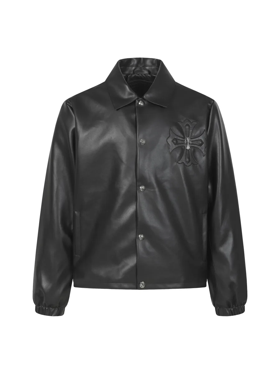 Leather Jacket with Cross Embroidery - Black