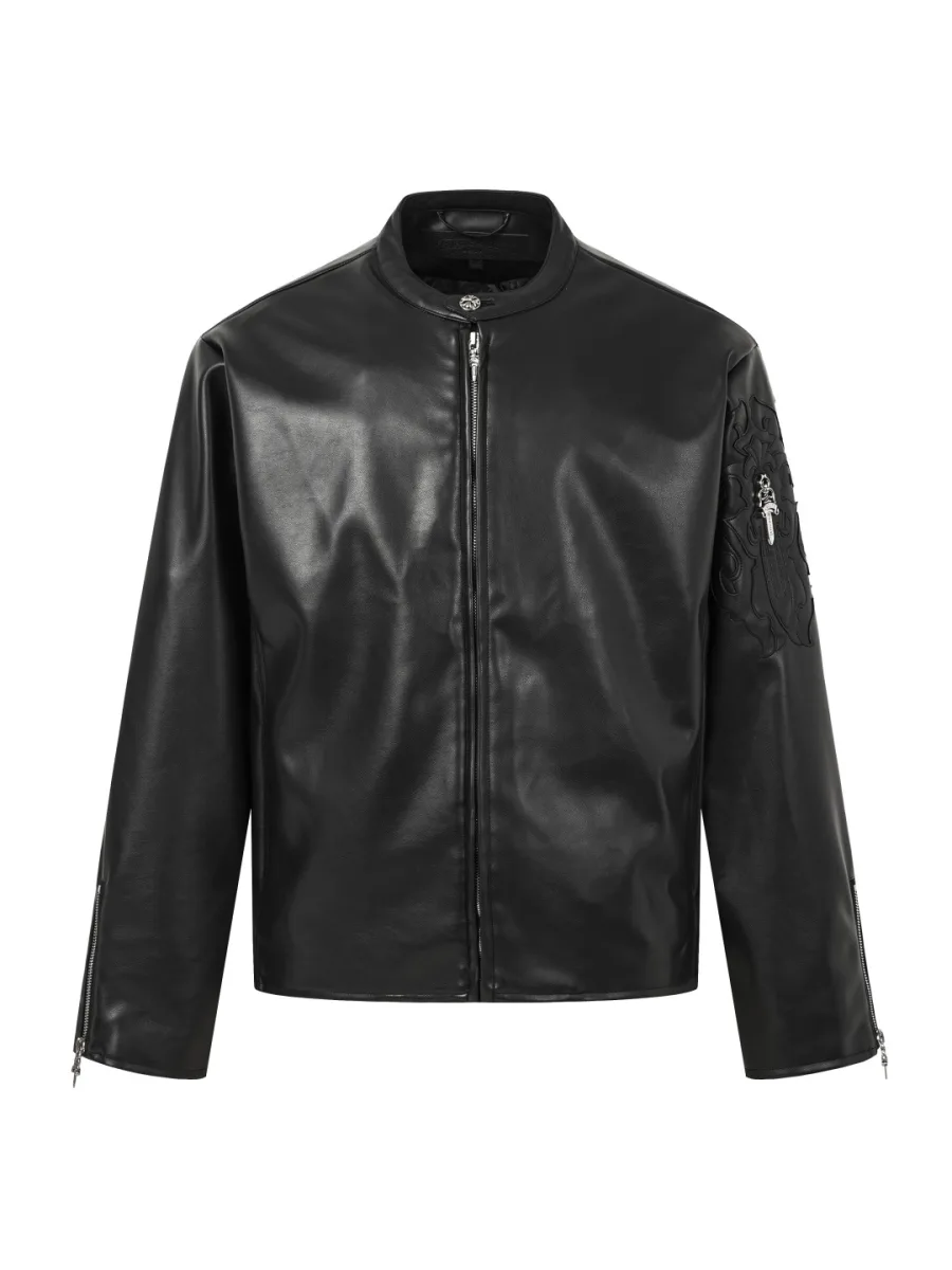 Leather Jacket with Sword Embroidery - Black