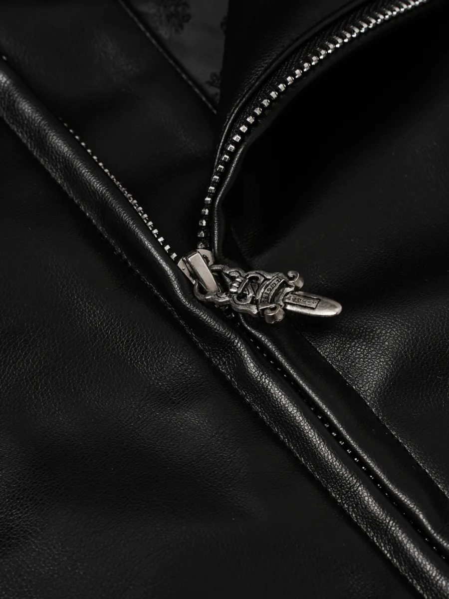 Leather Jacket with Sword Embroidery - Black, photo 7