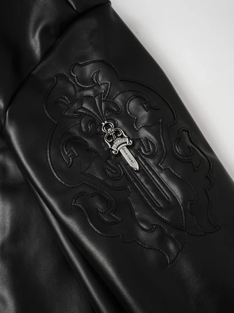 Leather Jacket with Sword Embroidery - Black, photo 8