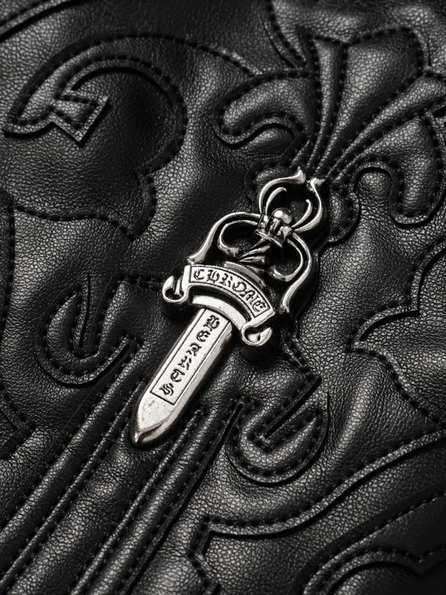 Leather Jacket with Sword Embroidery - Black, photo 9